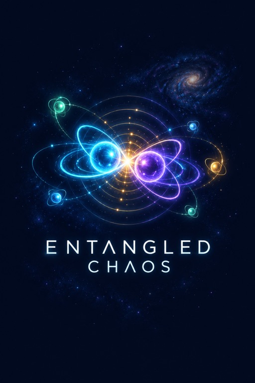 A glowing entangled particle surrounded by stars and swirling cosmic energy